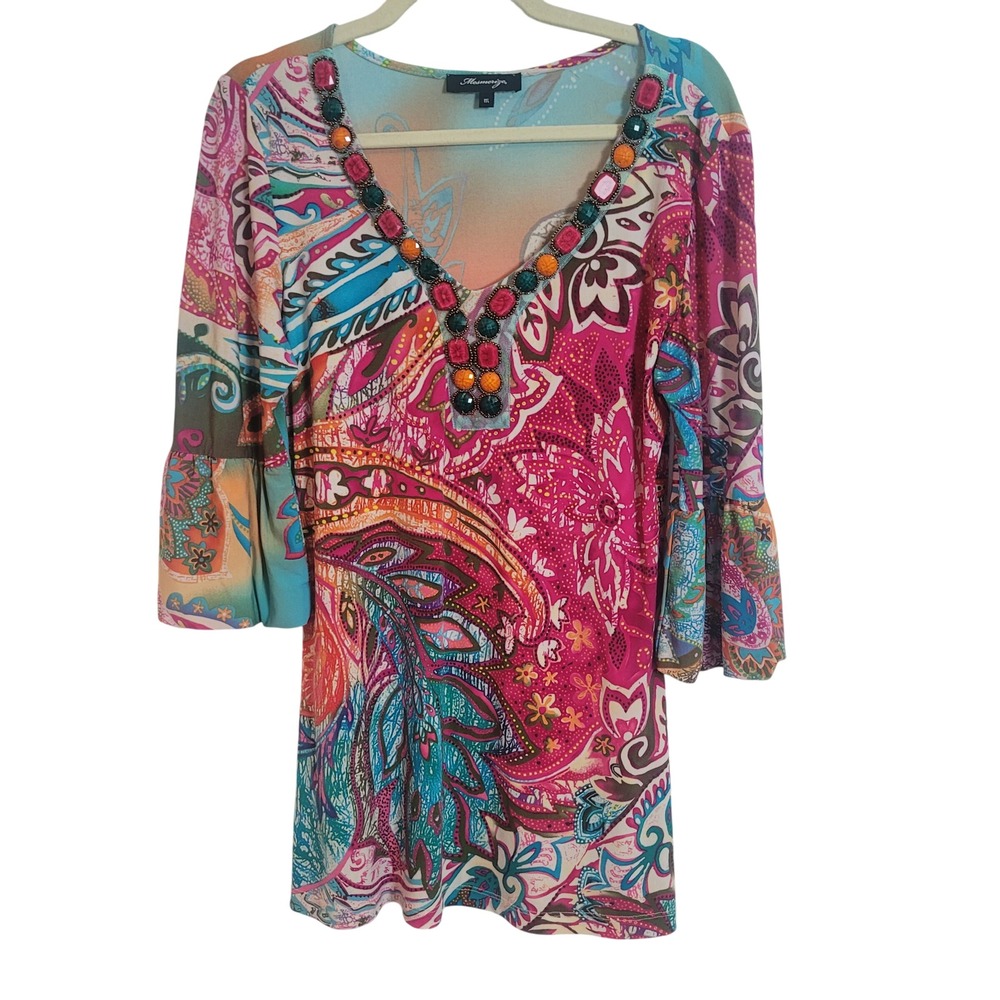 Mesmerize Womens Paisley Embellished V-Neck Bell Sleeve Tunic‎ Top Pink Multi M